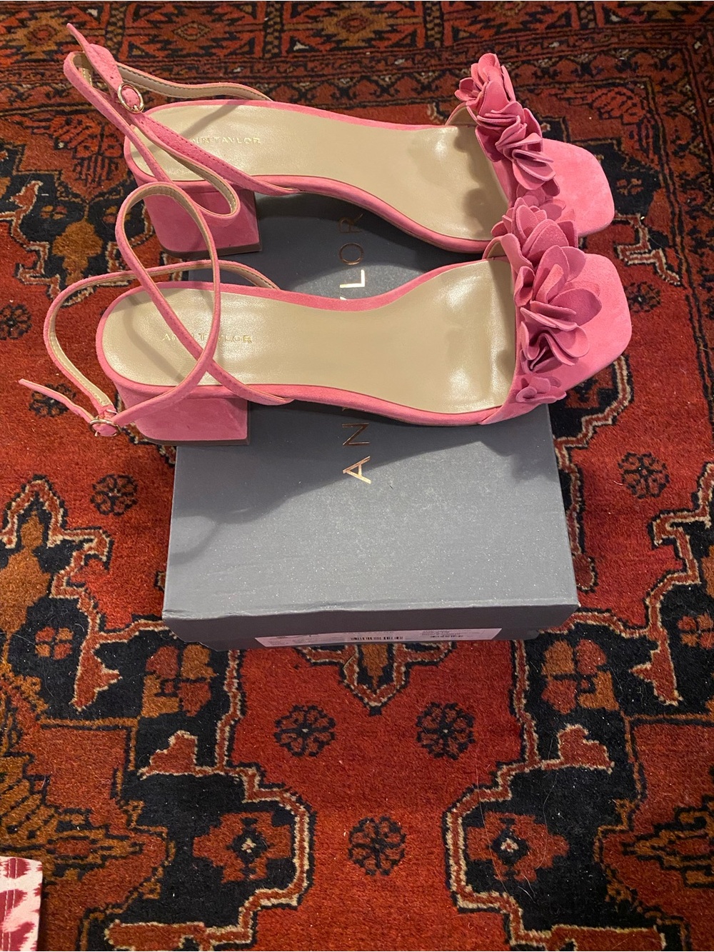 Ann Taylor Pink Floral Suede Ankle-Strap Heels - Picture 3 of 4